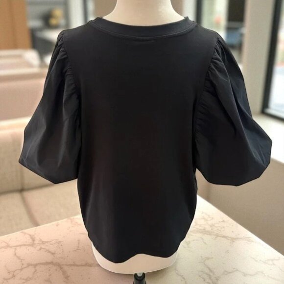 CINQ À SEPT Moda Black Mixed-Media Puff-Sleeve Top Women’s Size M - Picture 2 of 15